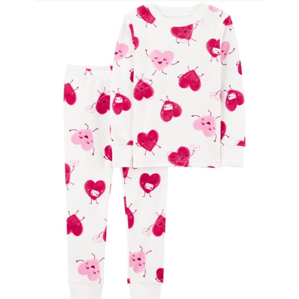 NWT Girls Sz 4 Toddler Heart Print Stretchy Cotton 2 Pc Snug Fitting Pajama Set